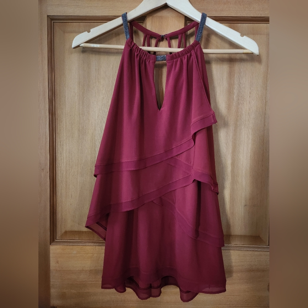 White House Black Market Burgundy Tiered Chiffon Halter Camisole